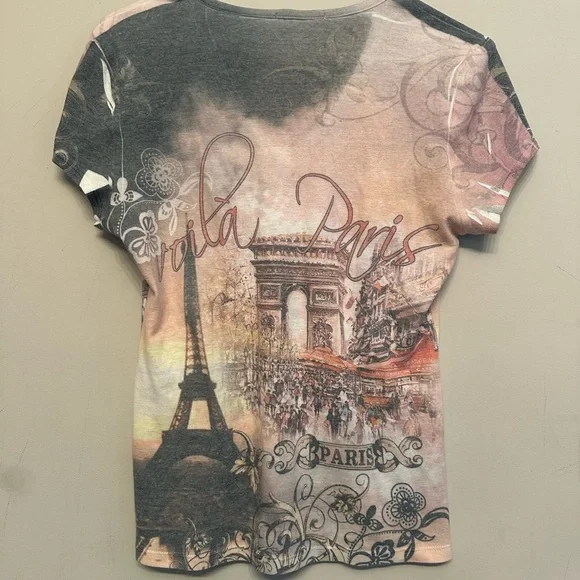 Y2K Era Dressbarn Paris Graphic Tee - Black and Pink w/ Rhinestones PM - Picture 5 of 6